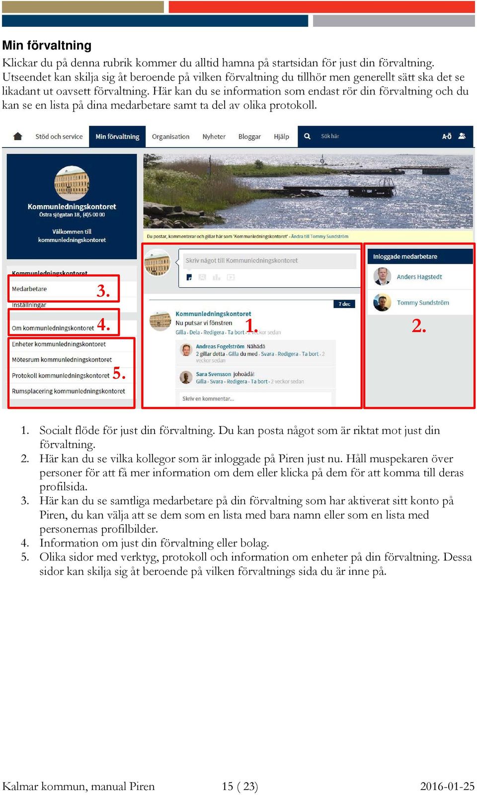 Här kan du se information som endast rör din förvaltning och du kan se en lista på dina medarbetare samt ta del av olika protokoll. 3. 4. 1. 2. 5. 1. Socialt flöde för just din förvaltning.