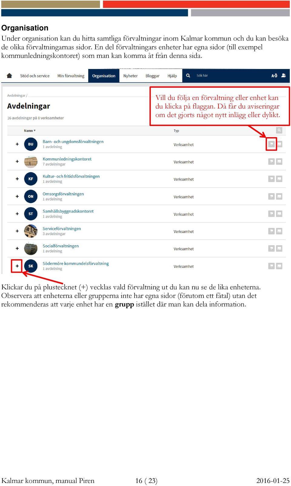 Vill du följa en förvaltning eller enhet kan du klicka på flaggan. Då får du aviseringar om det gjorts något nytt inlägg eller dylikt.