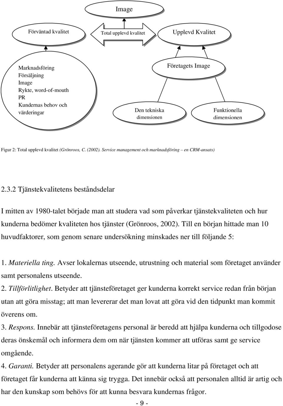 2 Tjänstekvalitetens beståndsdelar I mitten av 1980-talet började man att studera vad som påverkar tjänstekvaliteten och hur kunderna bedömer kvaliteten hos tjänster (Grönroos, 2002).