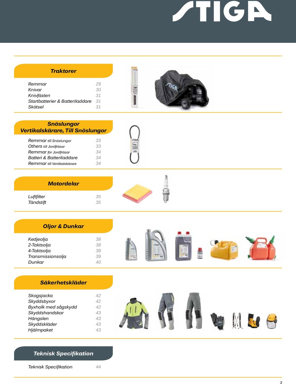 Luftfilter 35 Tändstift 35 Oljor & Dunkar Kedjeolja 38 2-Taktsolja 38 4-Taktsolja 38 Transmissionsolja 39 Dunkar 40 Säkerhetskläder Skogsjacka