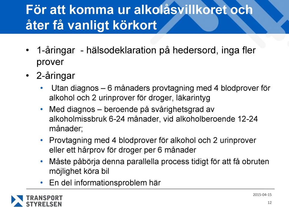 av alkoholmissbruk 6-24 månader, vid alkoholberoende 12-24 månader; Provtagning med 4 blodprover för alkohol och 2 urinprover eller ett