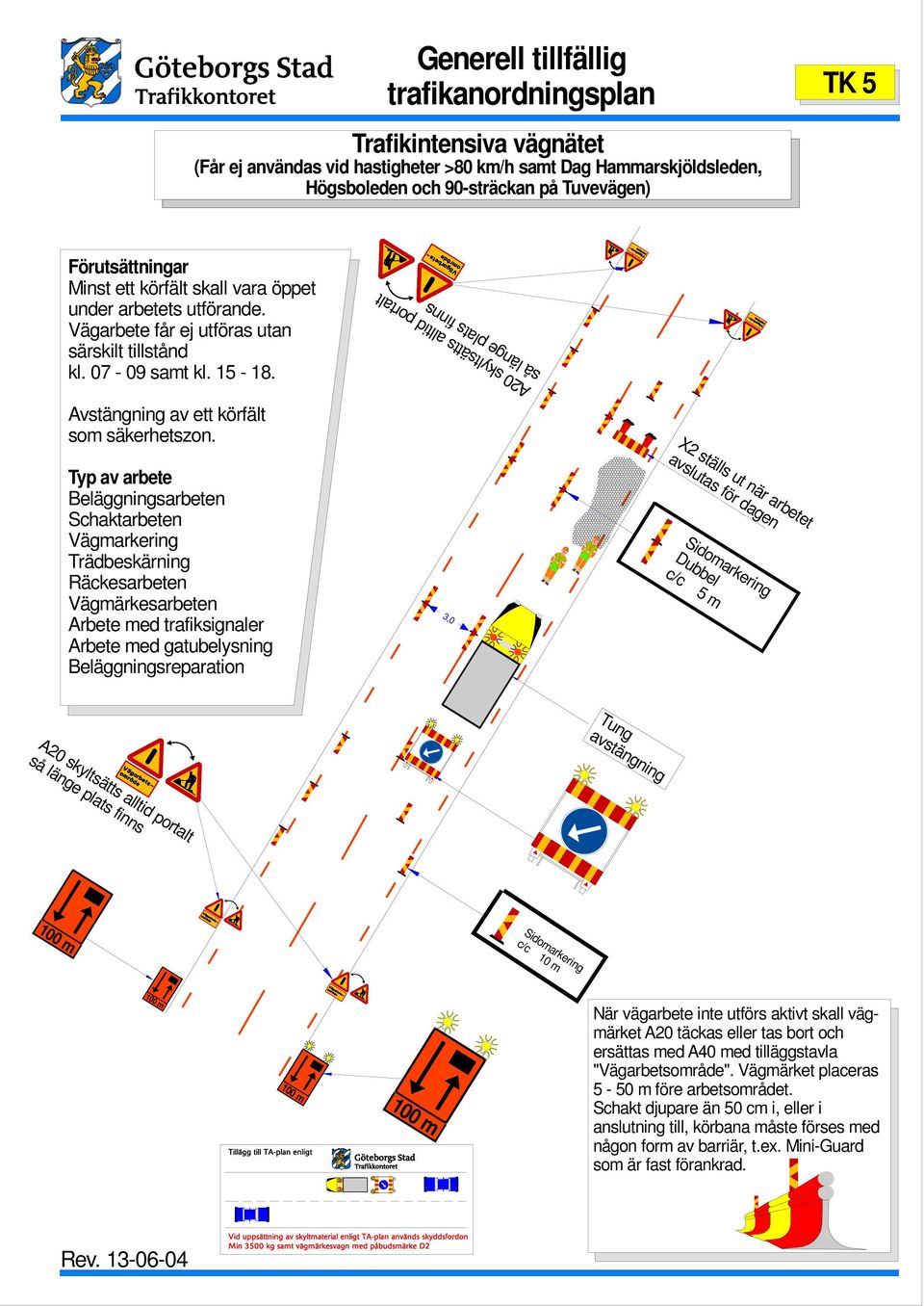 ej utföras utan särskilt tillstånd kl. 07-09 sat kl. 15-18. Avstängning av ett körfält so säkerhetszon.