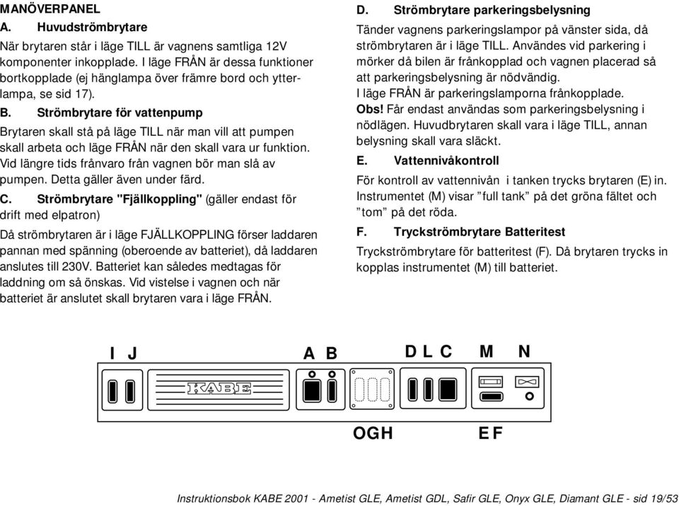 Strömbrytare för vattenpump Brytaren skall stå på läge TILL när man vill att pumpen skall arbeta och läge FRÅN när den skall vara ur funktion.