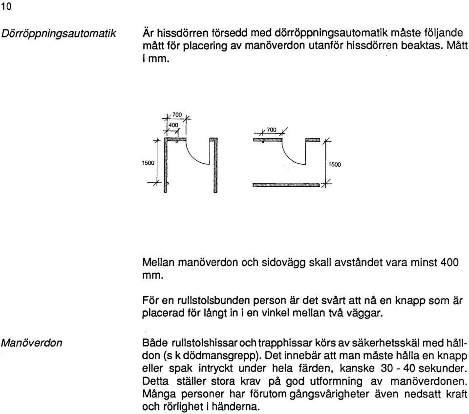 För en rullstolsbunden person är det svårt att nå en knapp som är placerad för långt in i en vinkel mellan två väggar.