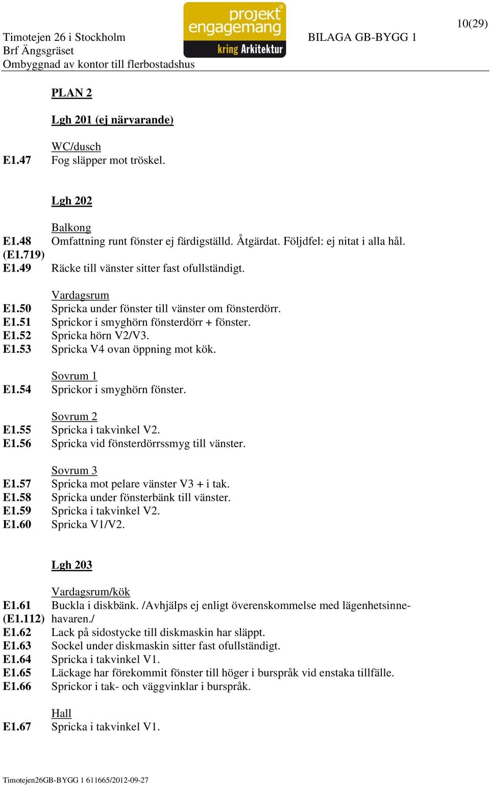 1 E1.54 Sprickor i smyghörn fönster. 2 E1.55 Spricka i takvinkel V2. E1.56 Spricka vid fönsterdörrssmyg till vänster. 3 E1.57 Spricka mot pelare vänster V3 + i tak. E1.58 Spricka under fönsterbänk till vänster.