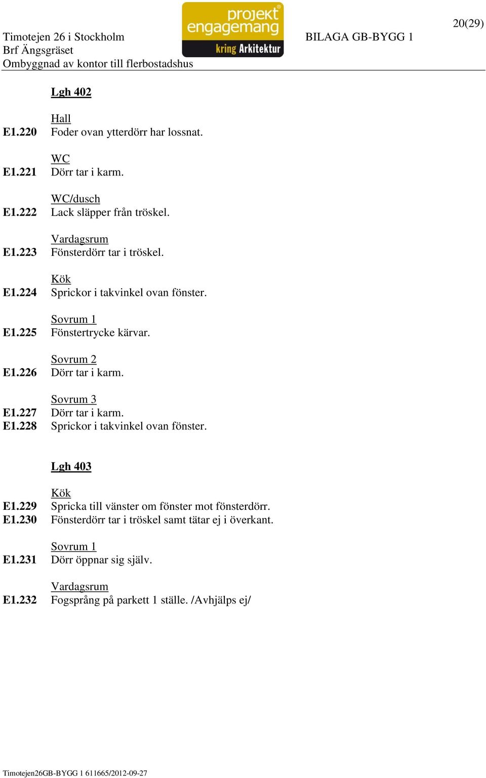 Lgh 403 E1.229 Spricka till vänster om fönster mot fönsterdörr. E1.230 Fönsterdörr tar i tröskel samt tätar ej i överkant. 1 E1.