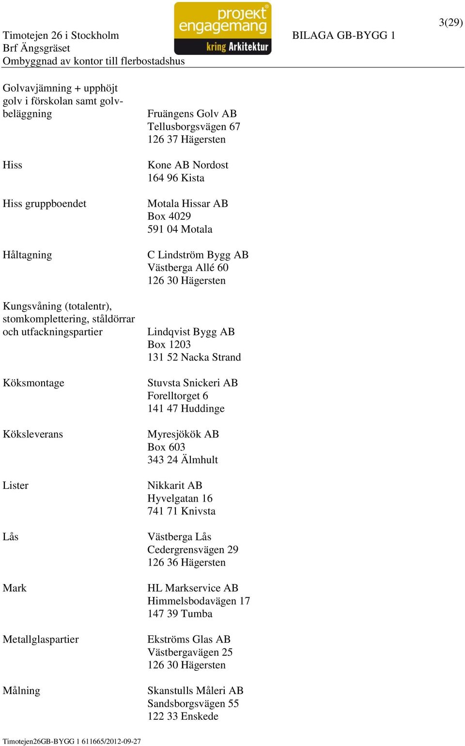 Allé 60 126 30 Hägersten Lindqvist Bygg AB Box 1203 131 52 Nacka Strand Stuvsta Snickeri AB Forelltorget 6 141 47 Huddinge Myresjökök AB Box 603 343 24 Älmhult Nikkarit AB Hyvelgatan 16 741 71