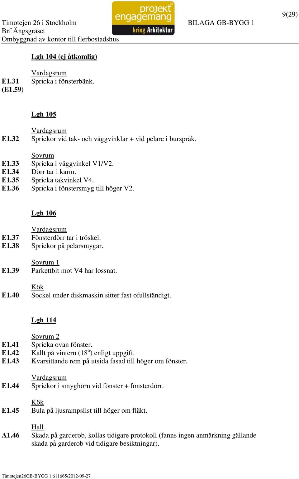 Lgh 114 2 E1.41 Spricka ovan fönster. E1.42 Kallt på vintern (18 o ) enligt uppgift. E1.43 Kvarsittande rem på utsida fasad till höger om fönster. E1.44 Sprickor i smyghörn vid fönster + fönsterdörr.