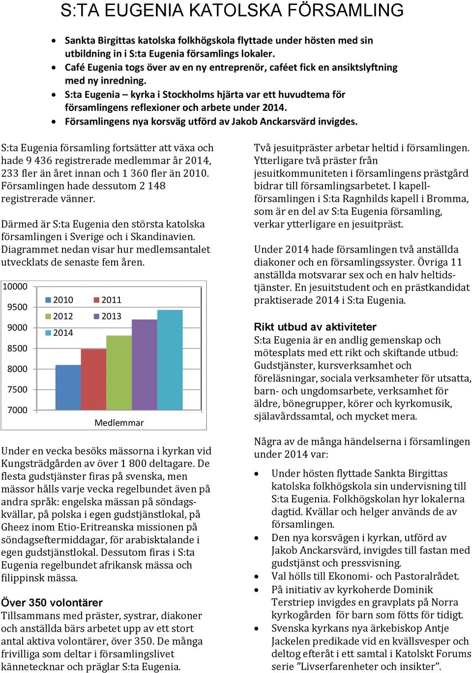 S:ta Eugenia kyrka i Stockholms hjärta var ett huvudtema för församlingens reflexioner och arbete under 2014. Församlingens nya korsväg utförd av Jakob Anckarsvärd invigdes.