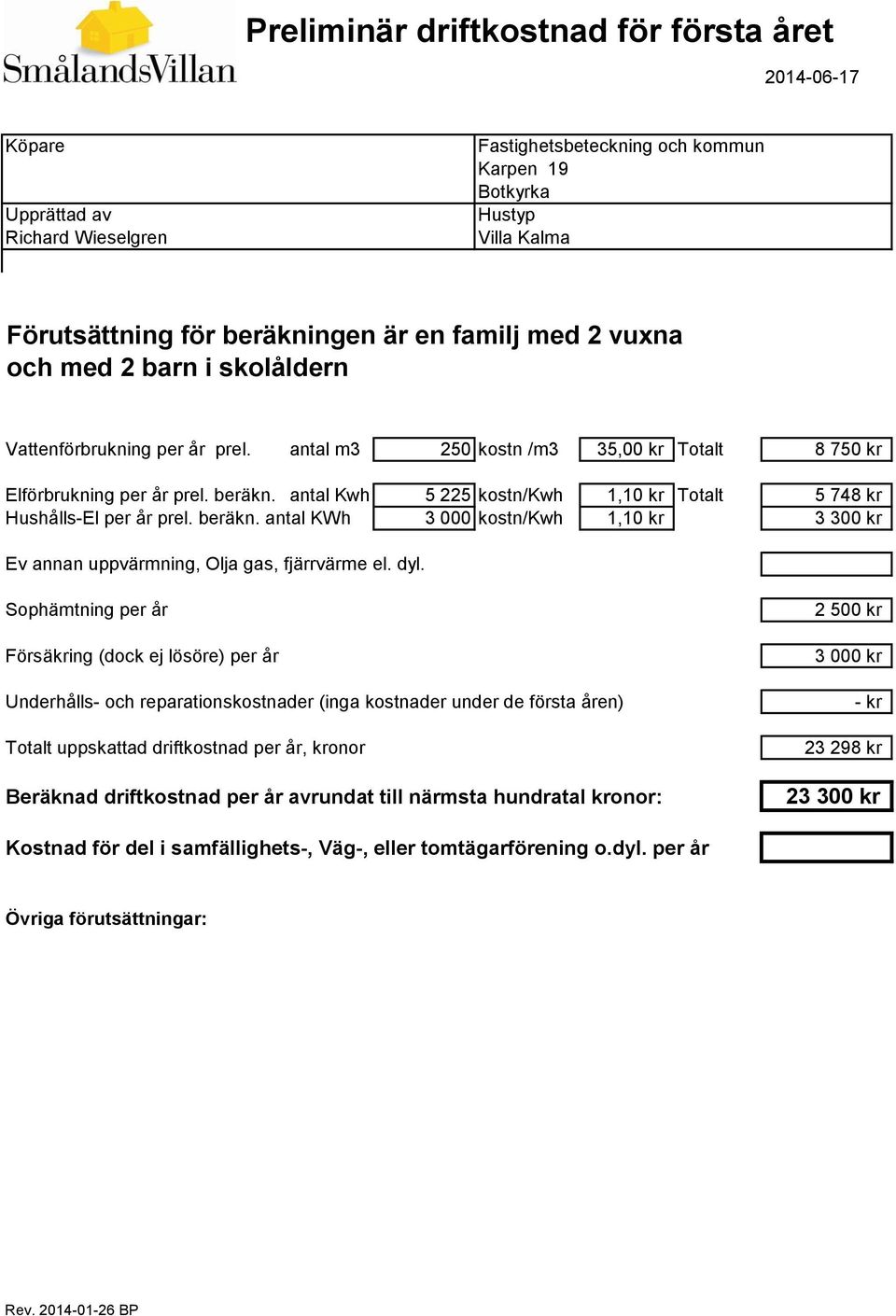 antal Kwh 5 225 kostn/kwh 1,10 kr Totalt 5 748 kr Hushålls-El per år prel. beräkn. antal KWh 3 000 kostn/kwh 1,10 kr 3 300 kr Ev annan uppvärmning, Olja gas, fjärrvärme el. dyl.