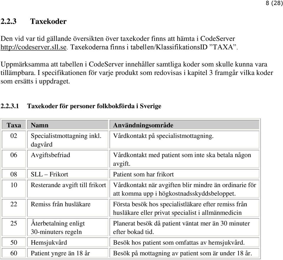 I specifikationen för varje produkt som redovisas i kapitel 3 framgår vilka koder som ersätts i uppdraget. 2.2.3.1 Taxekoder för personer folkbokförda i Sverige Taxa Namn Användningsområde 02 Specialistmottagning inkl.