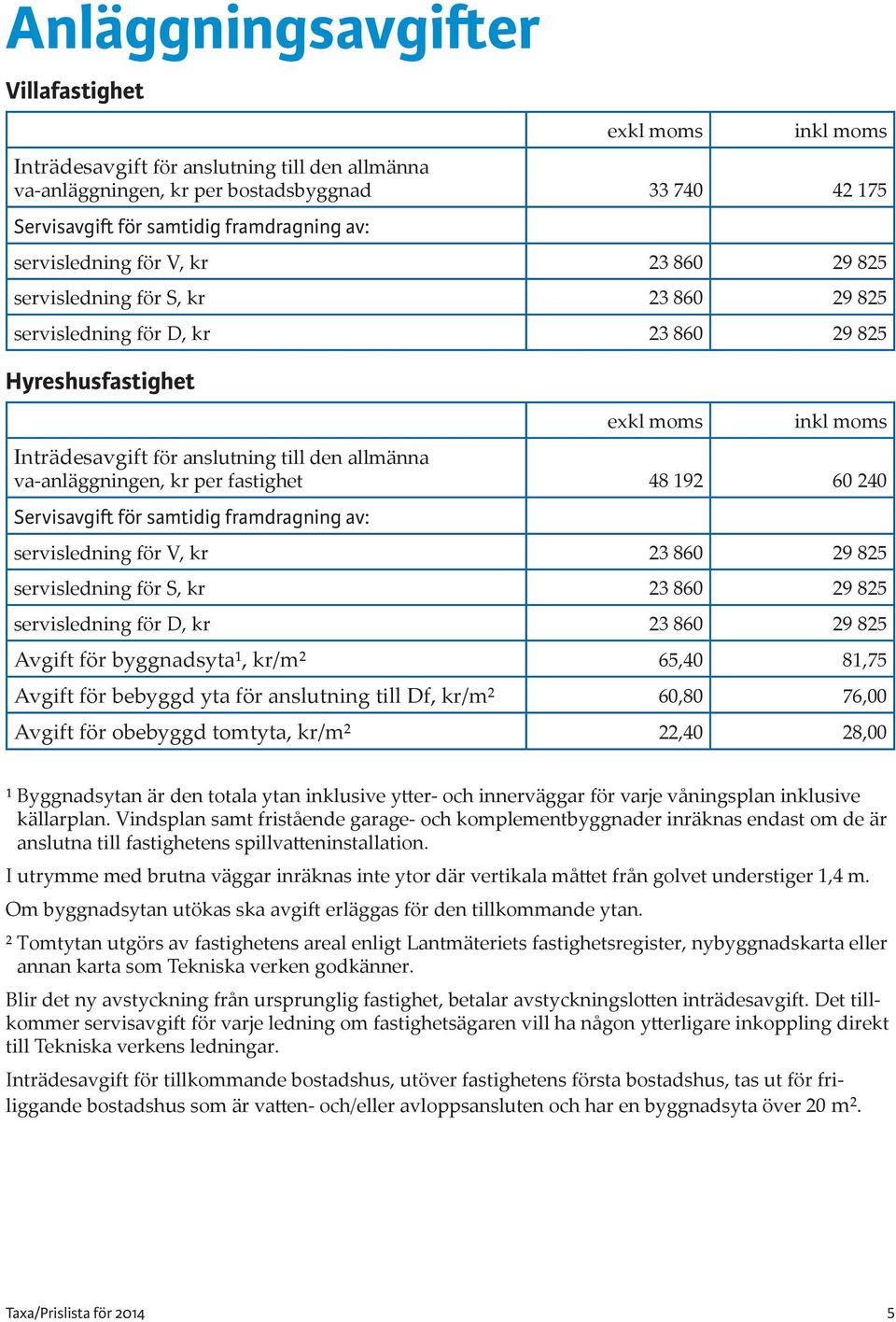 60 240 Servisavgift för samtidig framdragning av: servisledning för V, kr 23 860 29 825 servisledning för S, kr 23 860 29 825 servisledning för D, kr 23 860 29 825 Avgift för byggnadsyta¹, kr/m²