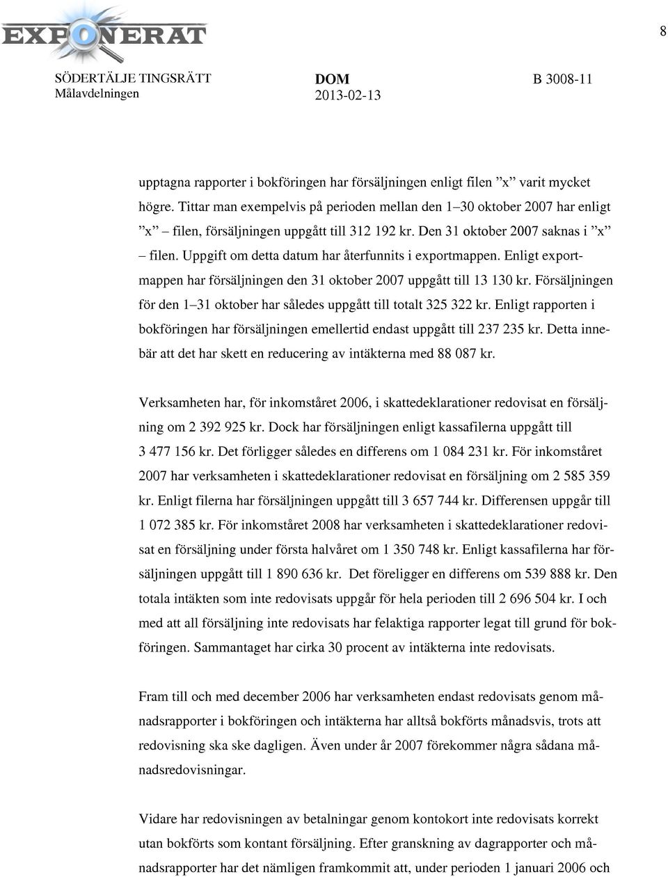 Uppgift om detta datum har återfunnits i exportmappen. Enligt exportmappen har försäljningen den 31 oktober 2007 uppgått till 13 130 kr.