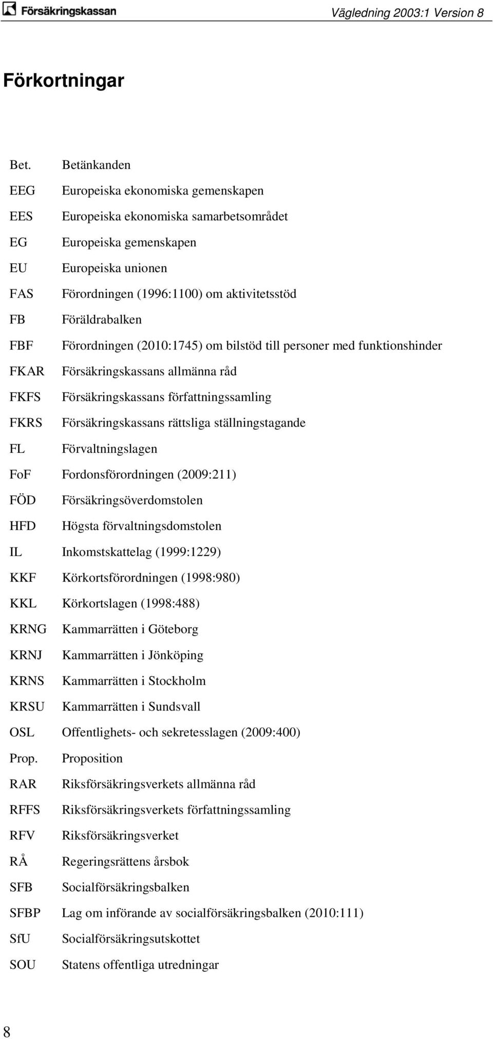 aktivitetsstöd Föräldrabalken Förordningen (2010:1745) om bilstöd till personer med funktionshinder Försäkringskassans allmänna råd Försäkringskassans författningssamling Försäkringskassans rättsliga