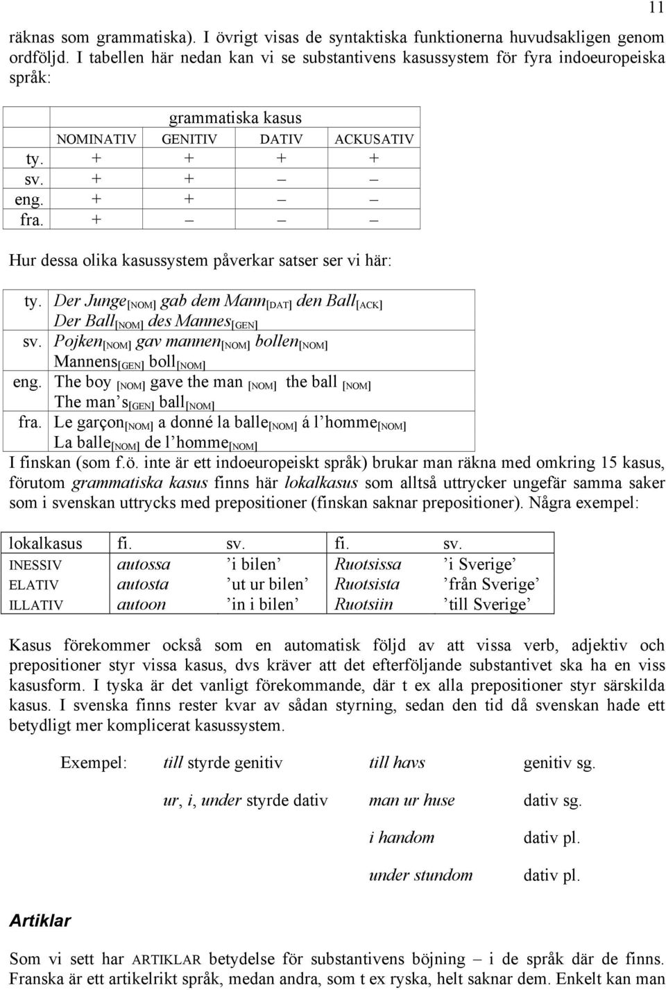 + Hur dessa olika kasussystem påverkar satser ser vi här: 11 ty. Der Junge [NOM] gab dem Mann [DAT] den Ball [ACK] Der Ball [NOM] des Mannes [GEN] sv.