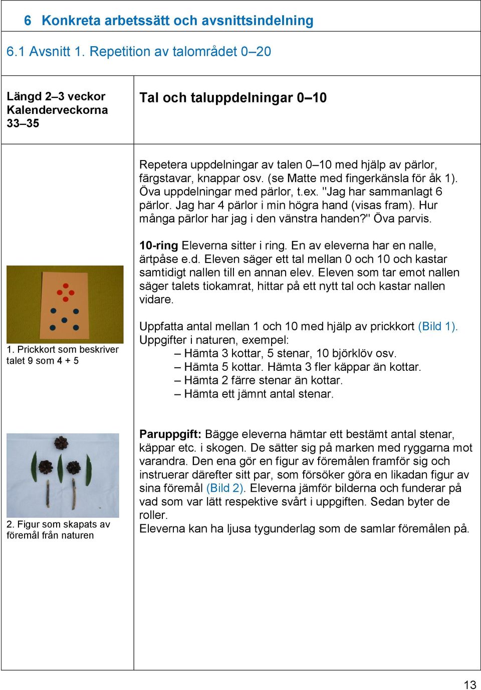 (se Matte med fingerkänsla för åk 1). Öva uppdelningar med pärlor, t.ex. "Jag har sammanlagt 6 pärlor. Jag har 4 pärlor i min högra hand (visas fram). Hur många pärlor har jag i den vänstra handen?