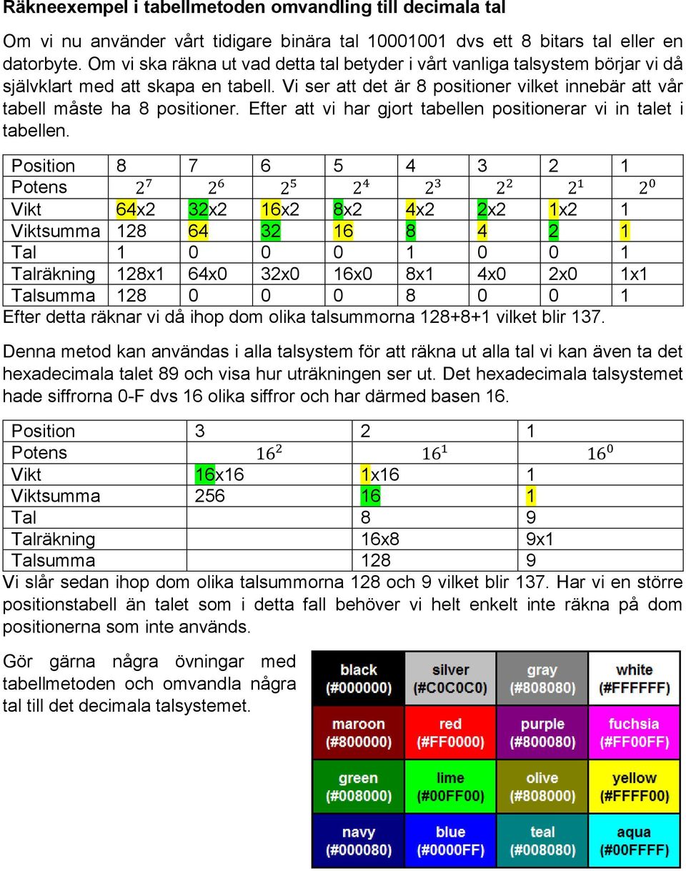 Efter att vi har gjort tabellen positionerar vi in talet i tabellen.