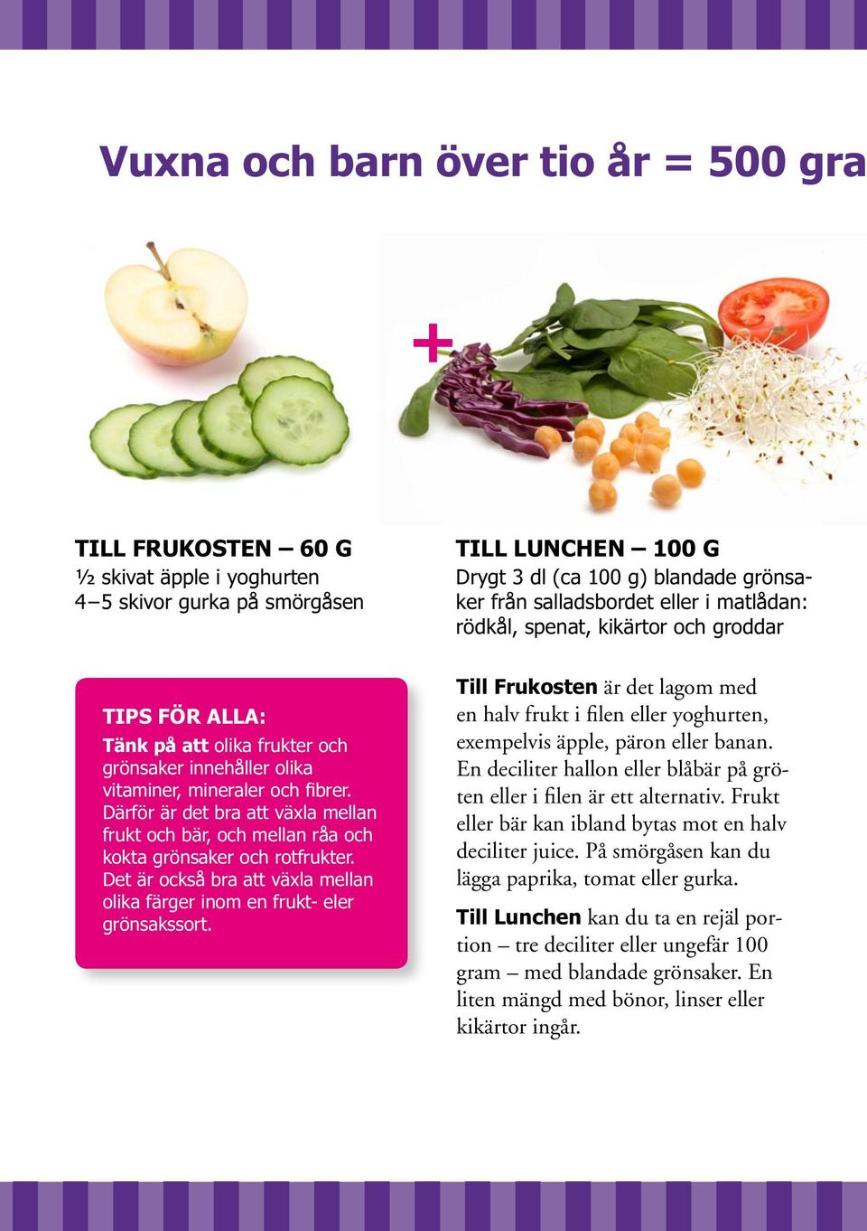 Därför är det bra att växla mellan frukt och bär, och mellan råa och kokta grönsaker och rotfrukter. Det är också bra att växla mellan olika färger inom en frukt- eler grönsakssort.