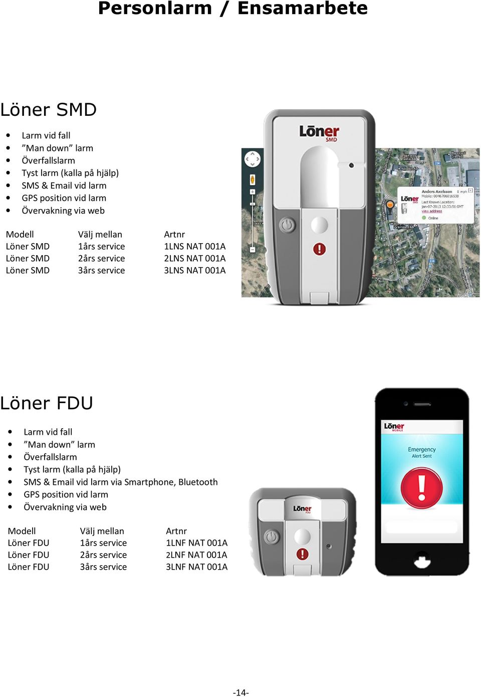 Löner FDU Larm vid fall Man down larm Överfallslarm Tyst larm (kalla på hjälp) SMS & Email vid larm via Smartphone, Bluetooth GPS position vid