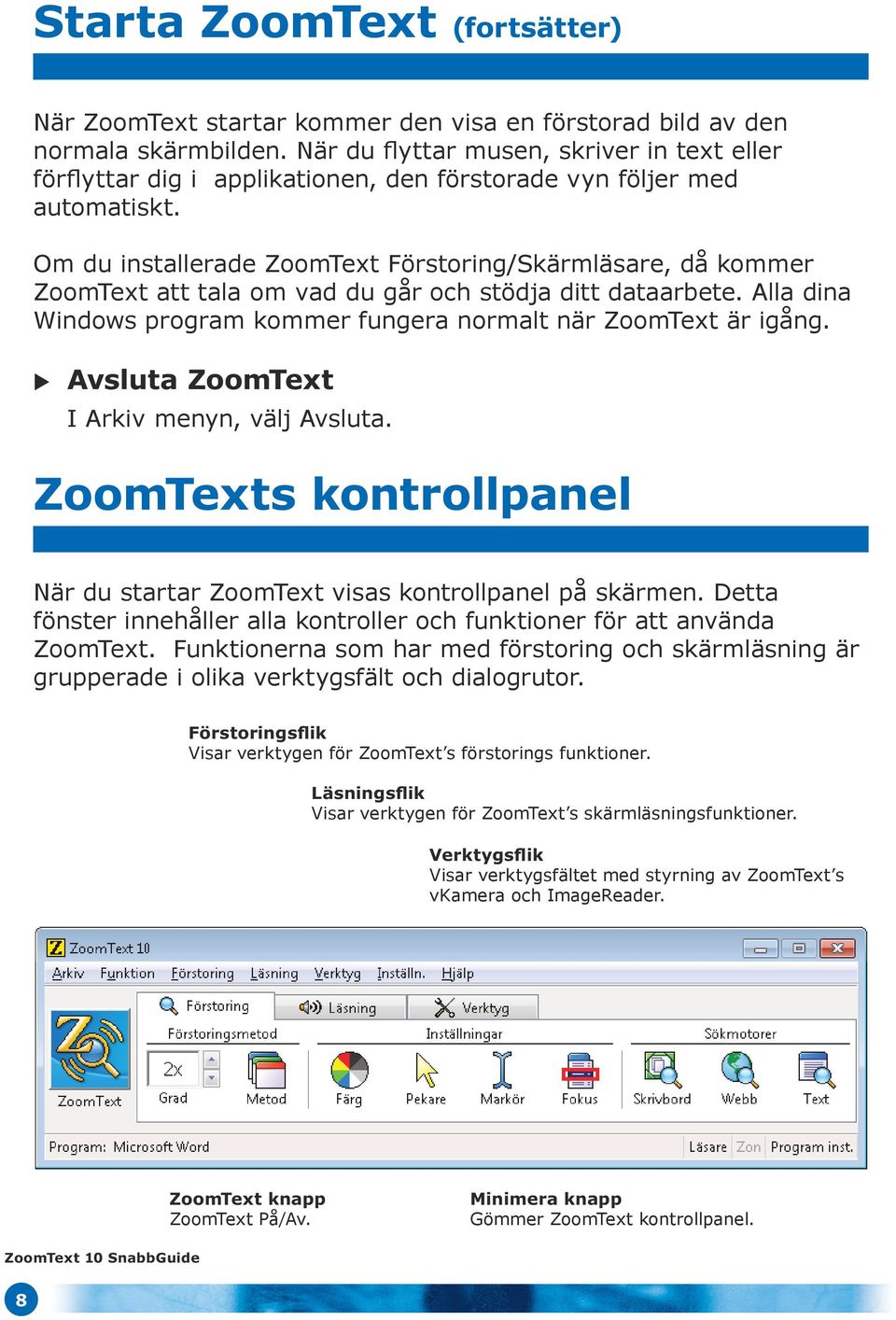 Om du installerade ZoomText Förstoring/Skärmläsare, då kommer ZoomText att tala om vad du går och stödja ditt dataarbete. Alla dina Windows program kommer fungera normalt när ZoomText är igång.