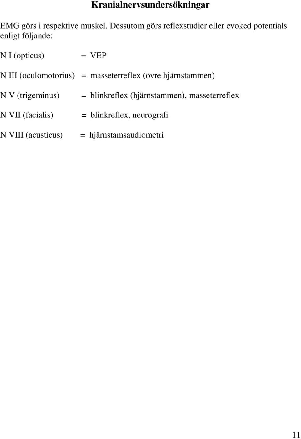 N III (oculomotorius) = masseterreflex (övre hjärnstammen) N V (trigeminus) N VII