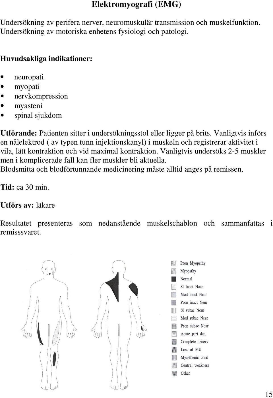 Vanligtvis införs en nålelektrod ( av typen tunn injektionskanyl) i muskeln och registrerar aktivitet i vila, lätt kontraktion och vid maximal kontraktion.