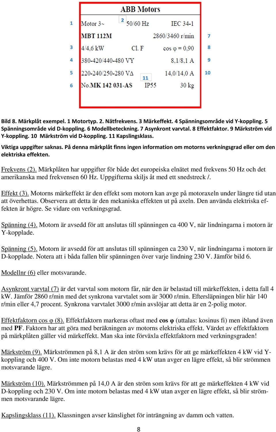 På denna märkplåt finns ingen information om motorns verkningsgrad eller om den elektriska effekten. Frekvens (2).