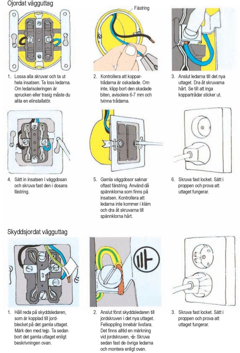 Se till att inga koppartrådar sticker ut. 4. Sätt in insatsen i väggdosan och skruva fast den i dosans fästring. Skyddsjordat vägguttag 5. Gamla väggdosor saknar oftast färstring.