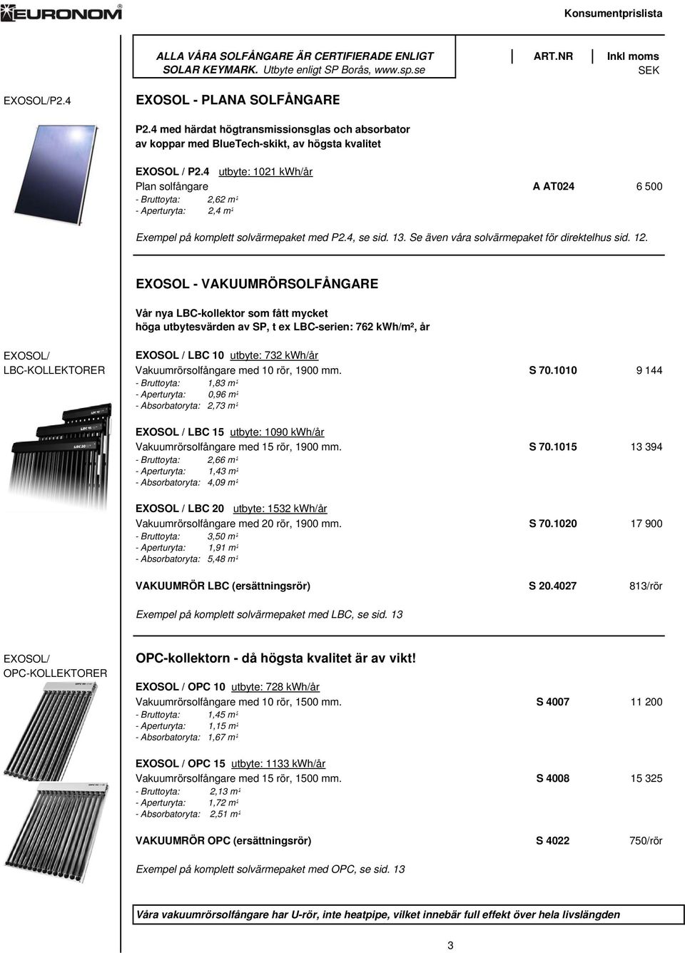 4 utbyte: 1021 kwh/år Plan solfångare A AT024 6 500 - Bruttoyta: 2,62 m² - Aperturyta: 2,4 m² Exempel på komplett solvärmepaket med P2.4, se sid. 13. Se även våra solvärmepaket för direktelhus sid.