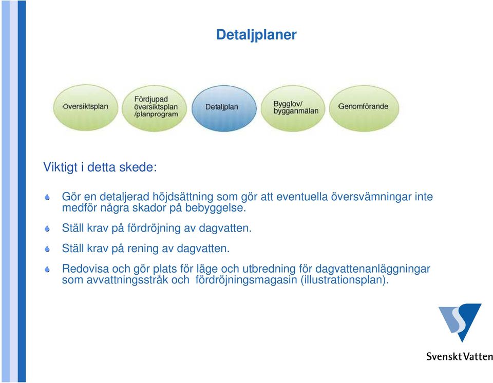 Ställ krav på fördröjning av dagvatten. Ställ krav på rening av dagvatten.