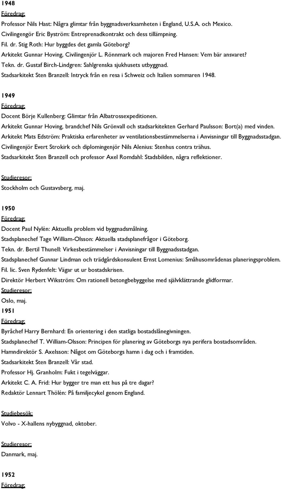 Gustaf Birch-Lindgren: Sahlgrenska sjukhusets utbyggnad. Stadsarkitekt Sten Branzell: Intryck från en resa i Schweiz och Italien sommaren 1948.