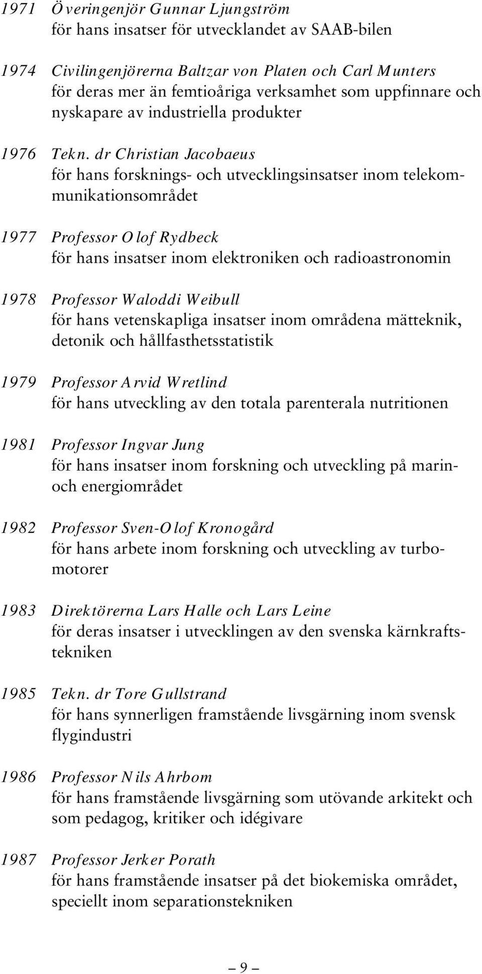 dr Christian Jacobaeus för hans forsknings- och utvecklingsinsatser inom telekommunikationsområdet 1977 Professor Olof Rydbeck för hans insatser inom elektroniken och radioastronomin 1978 Professor