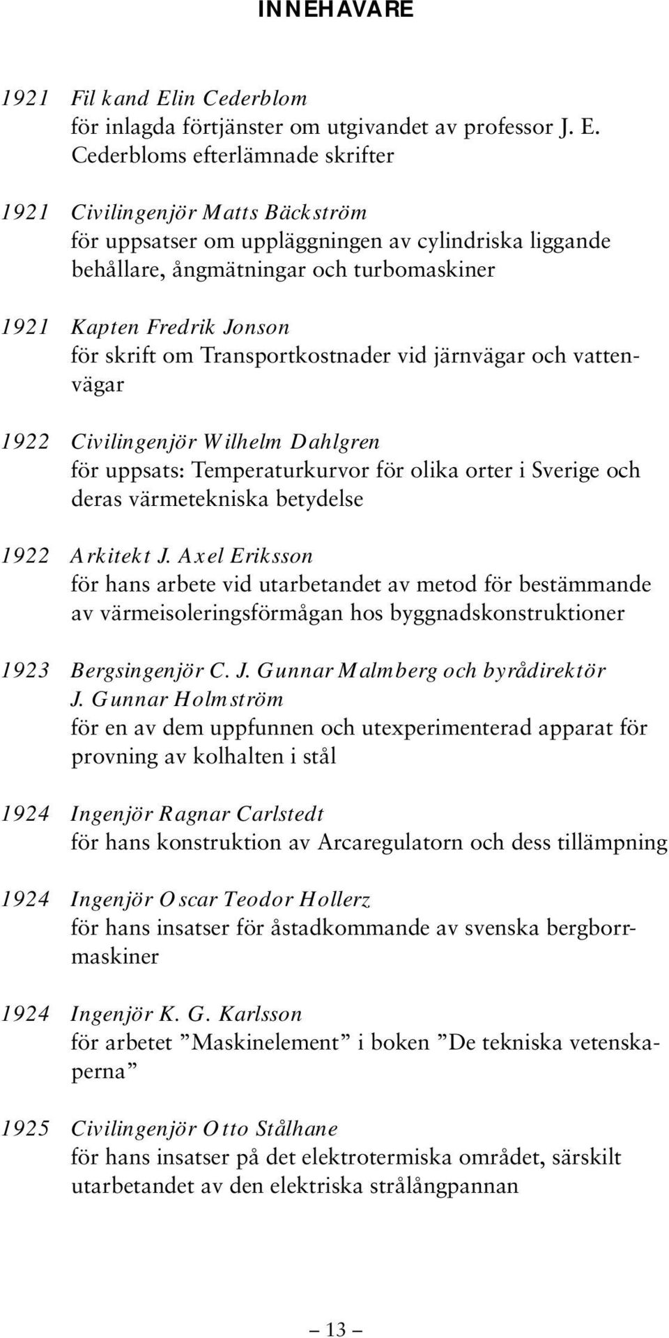 Cederbloms efterlämnade skrifter 1921 Civilingenjör Matts Bäckström för uppsatser om uppläggningen av cylindriska liggande behållare, ångmätningar och turbomaskiner 1921 Kapten Fredrik Jonson för