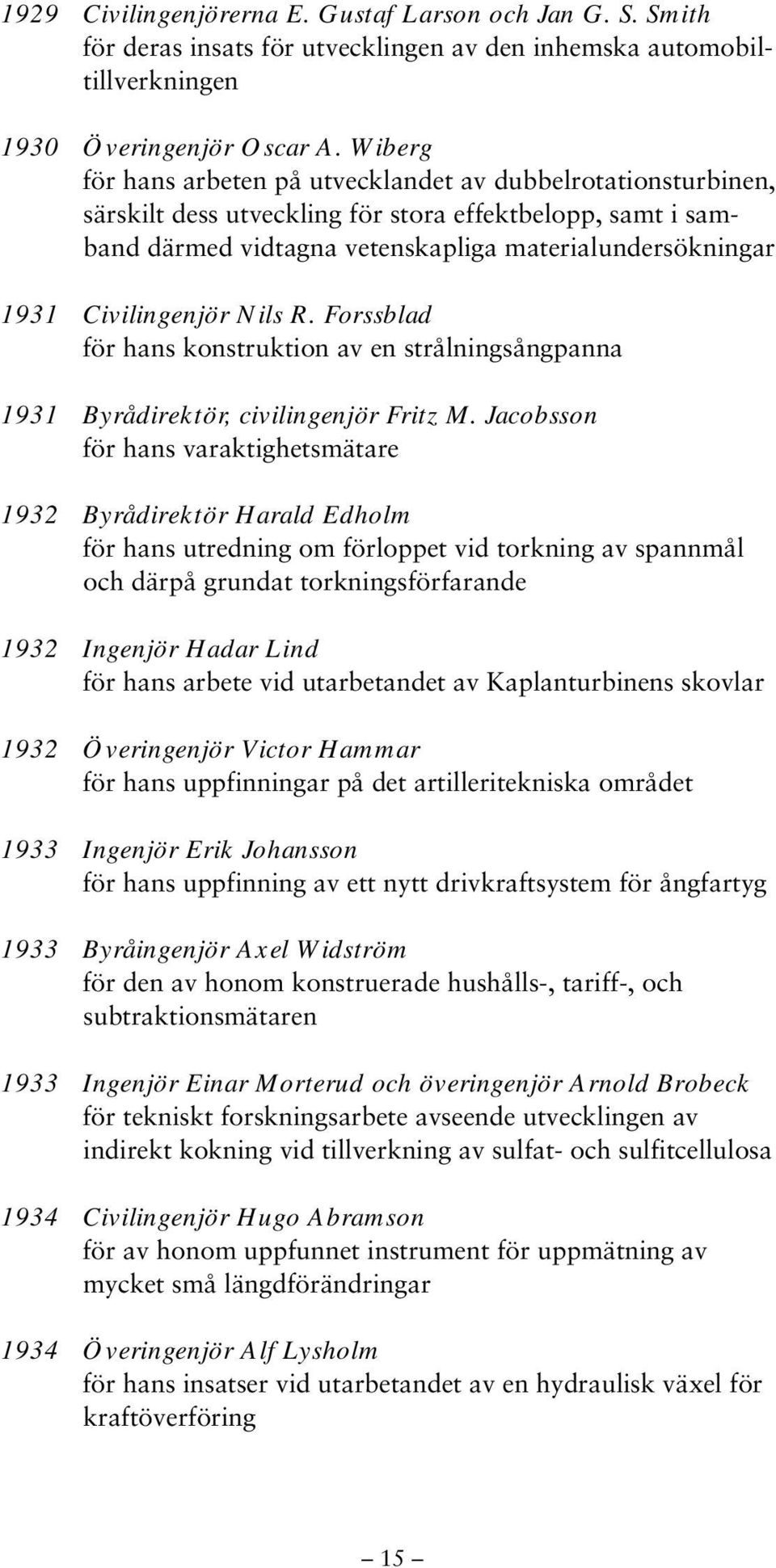 Civilingenjör Nils R. Forssblad för hans konstruktion av en strålningsångpanna 1931 Byrådirektör, civilingenjör Fritz M.