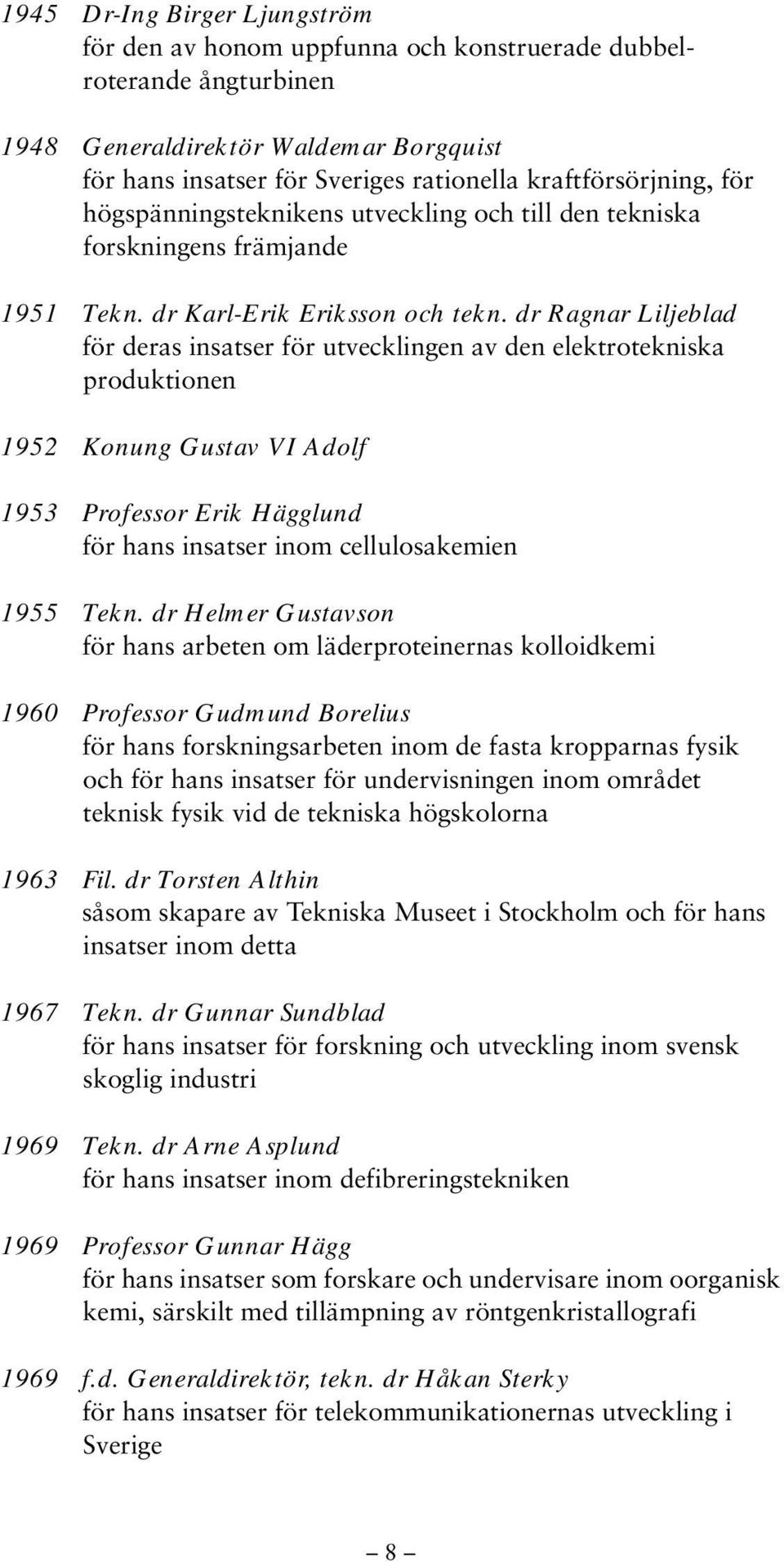 dr Ragnar Liljeblad för deras insatser för utvecklingen av den elektrotekniska produktionen 1952 Konung Gustav VI Adolf 1953 Professor Erik Hägglund för hans insatser inom cellulosakemien 1955 Tekn.