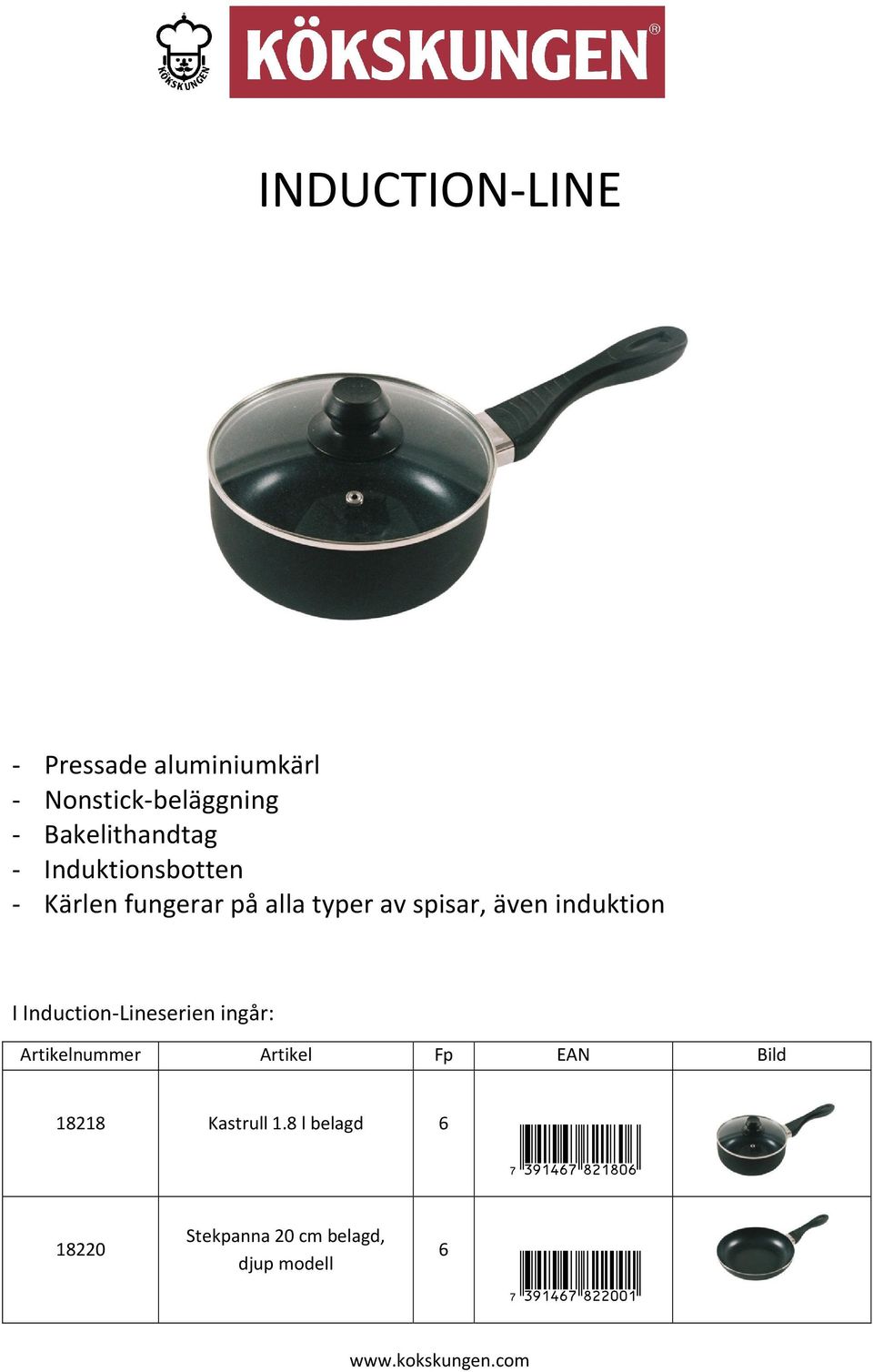 Induction-Lineserien ingår: Artikelnummer Artikel Fp EAN Bild 18218 Kastrull 1.