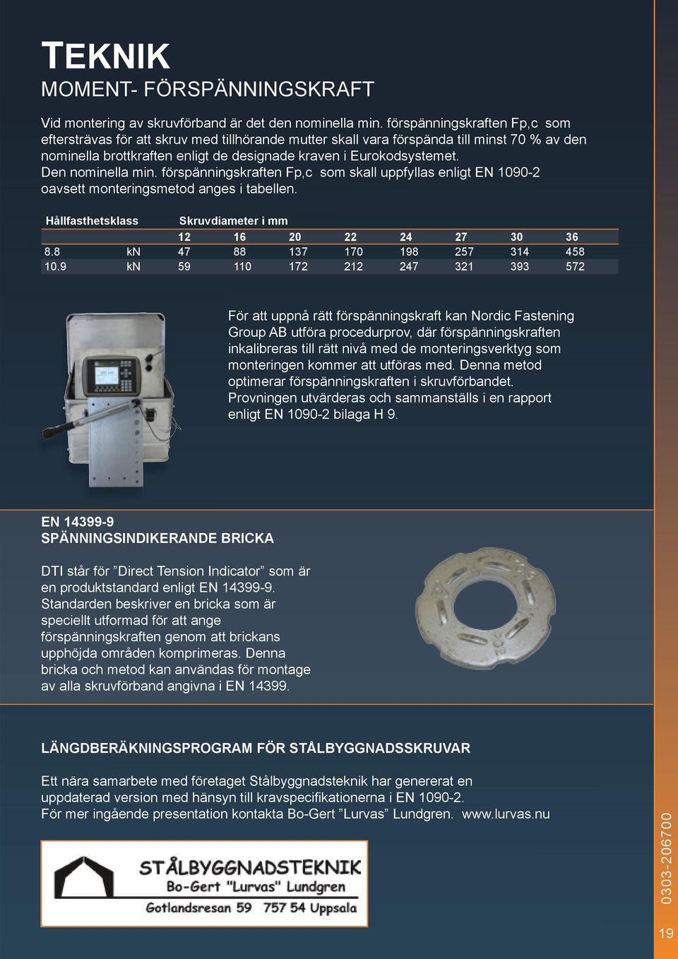 Den nominella min. förspänningskraften Fp,c som skall uppfyllas enligt EN 1090-2 oavsett monteringsmetod anges i tabellen. Hållfasthetsklass Skruvdiameter i 12 16 20 22 24 27 30 36 8.