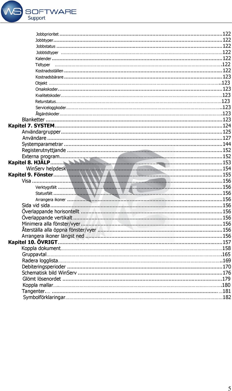 ..152 Externa program...152 Kapitel 8. HJÄLP...153 WinServ helpdesk...154 Kapitel 9. Fönster...155 Visa...156 Verktygsfält...156 Statusfält...156 Arrangera ikoner...156 Sida vid sida.