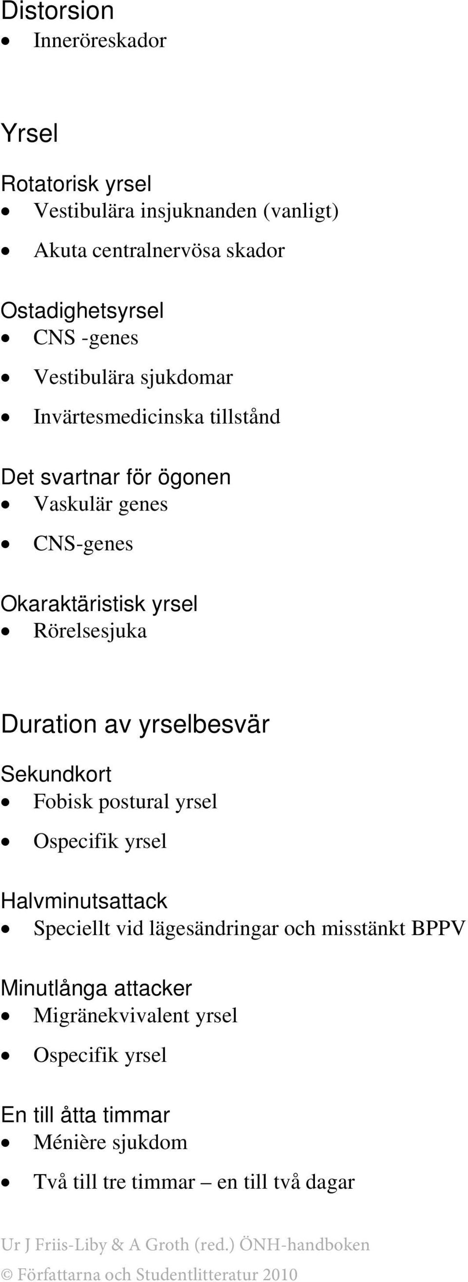 Rörelsesjuka Duration av yrselbesvär Sekundkort Fobisk postural yrsel Ospecifik yrsel Halvminutsattack Speciellt vid lägesändringar och