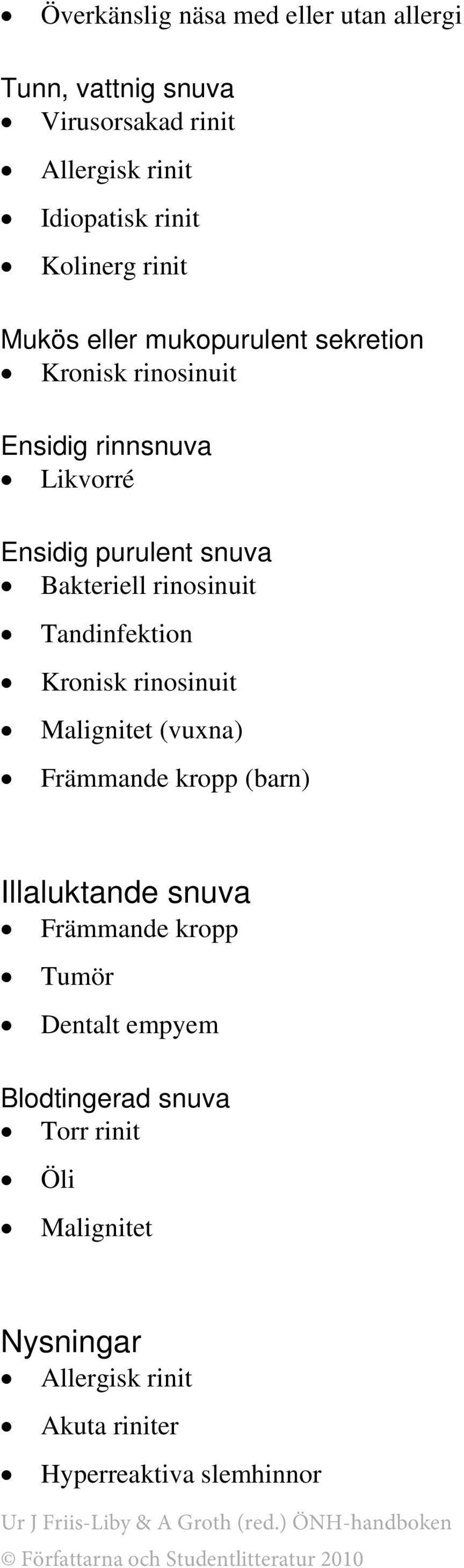 rinosinuit Tandinfektion Kronisk rinosinuit Malignitet (vuxna) Främmande kropp (barn) Illaluktande snuva Främmande kropp