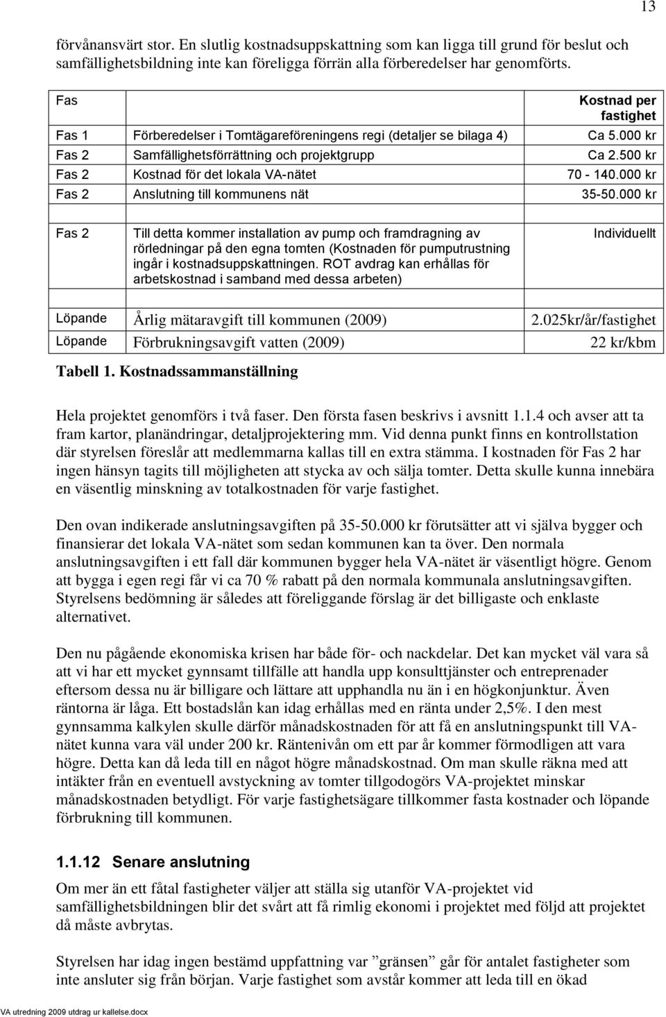 500 kr Fas 2 Kostnad för det lokala VA-nätet 70-140.000 kr Fas 2 Anslutning till kommunens nät 35-50.