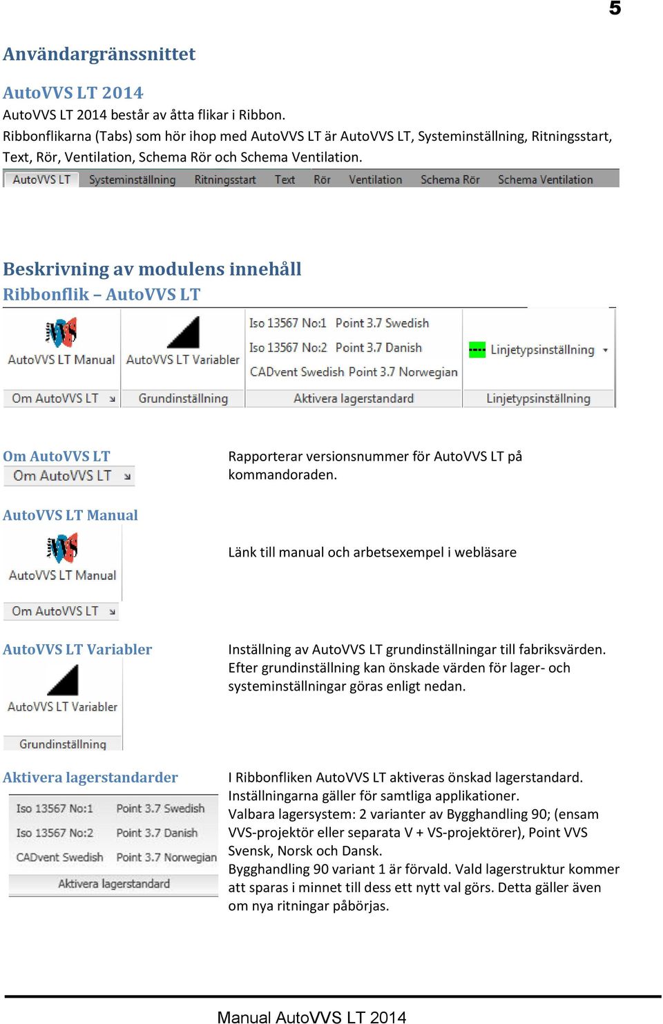 Beskrivning av modulens innehåll Ribbonflik AutoVVS LT Om AutoVVS LT Rapporterar versionsnummer för AutoVVS LT på kommandoraden.