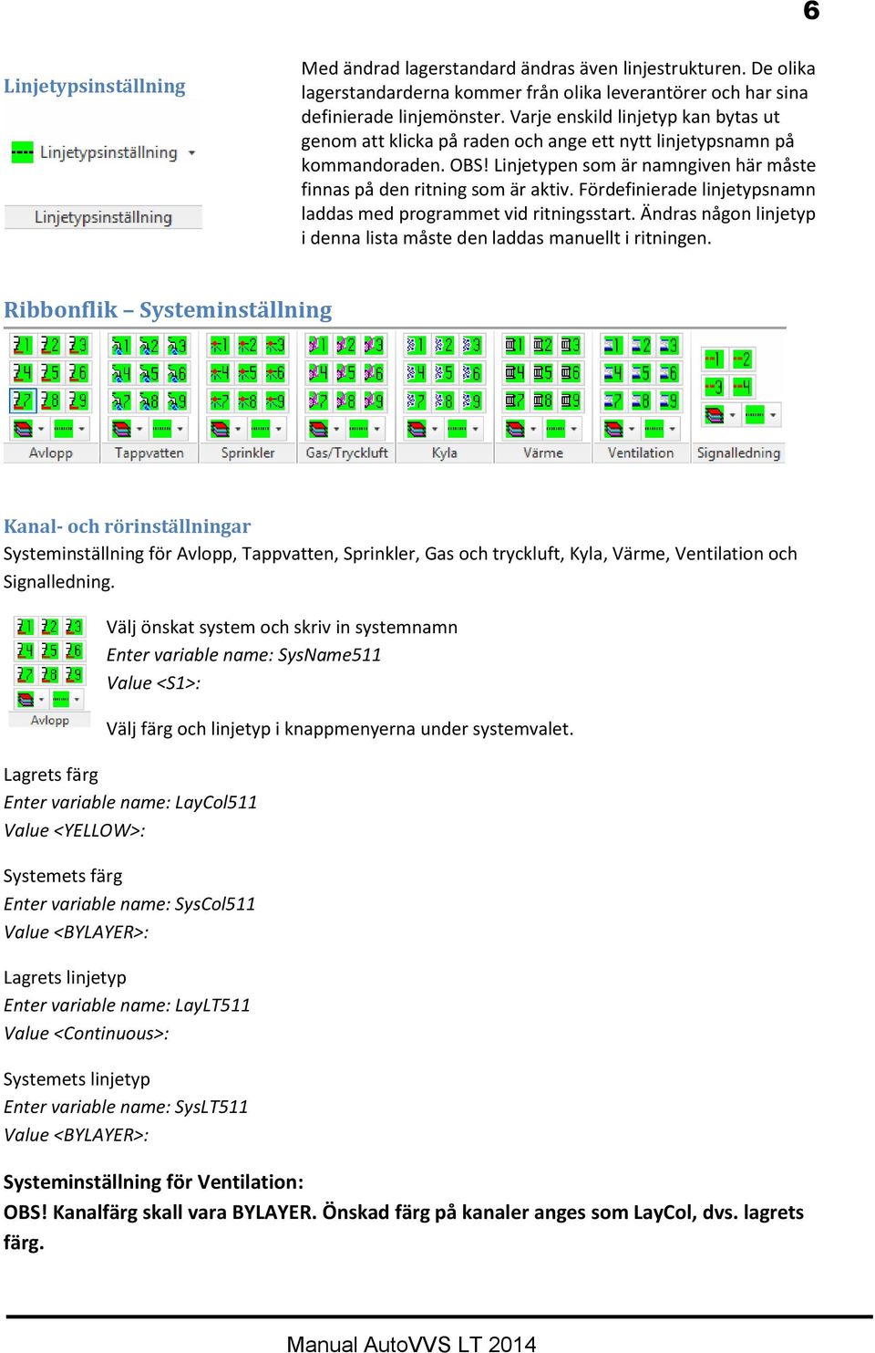 Fördefinierade linjetypsnamn laddas med programmet vid ritningsstart. Ändras någon linjetyp i denna lista måste den laddas manuellt i ritningen.