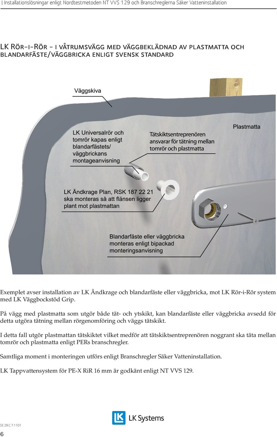 På vägg med plastmatta som utgör både tät- och ytskikt, kan blandarfäste eller väggbricka avsedd för detta utgöra tätning mellan