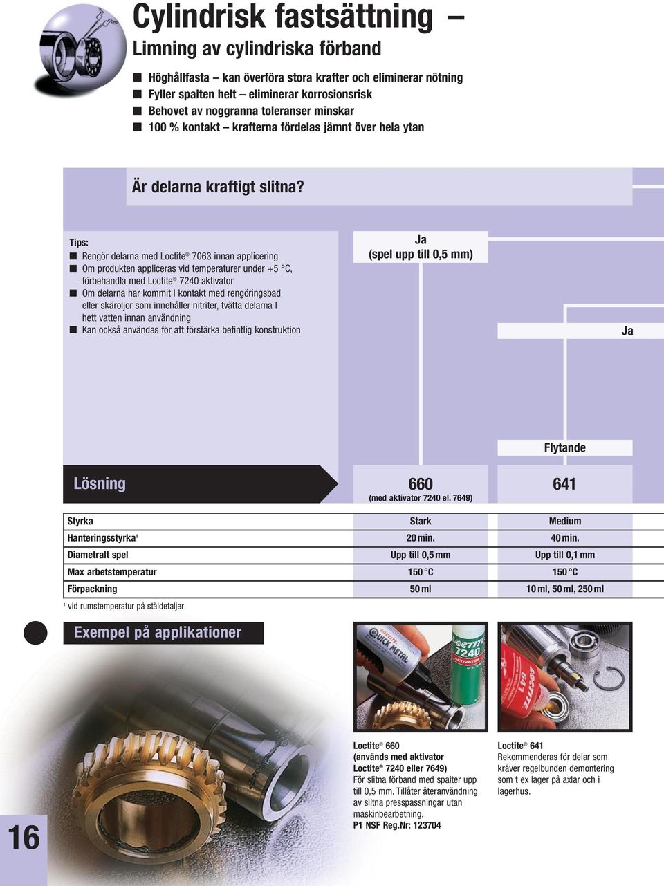 Tips: Rengör delarna med Loctite 7063 innan applicering Om produkten appliceras vid temperaturer under +5 C, förbehandla med Loctite 7240 aktivator Om delarna har kommit I kontakt med rengöringsbad