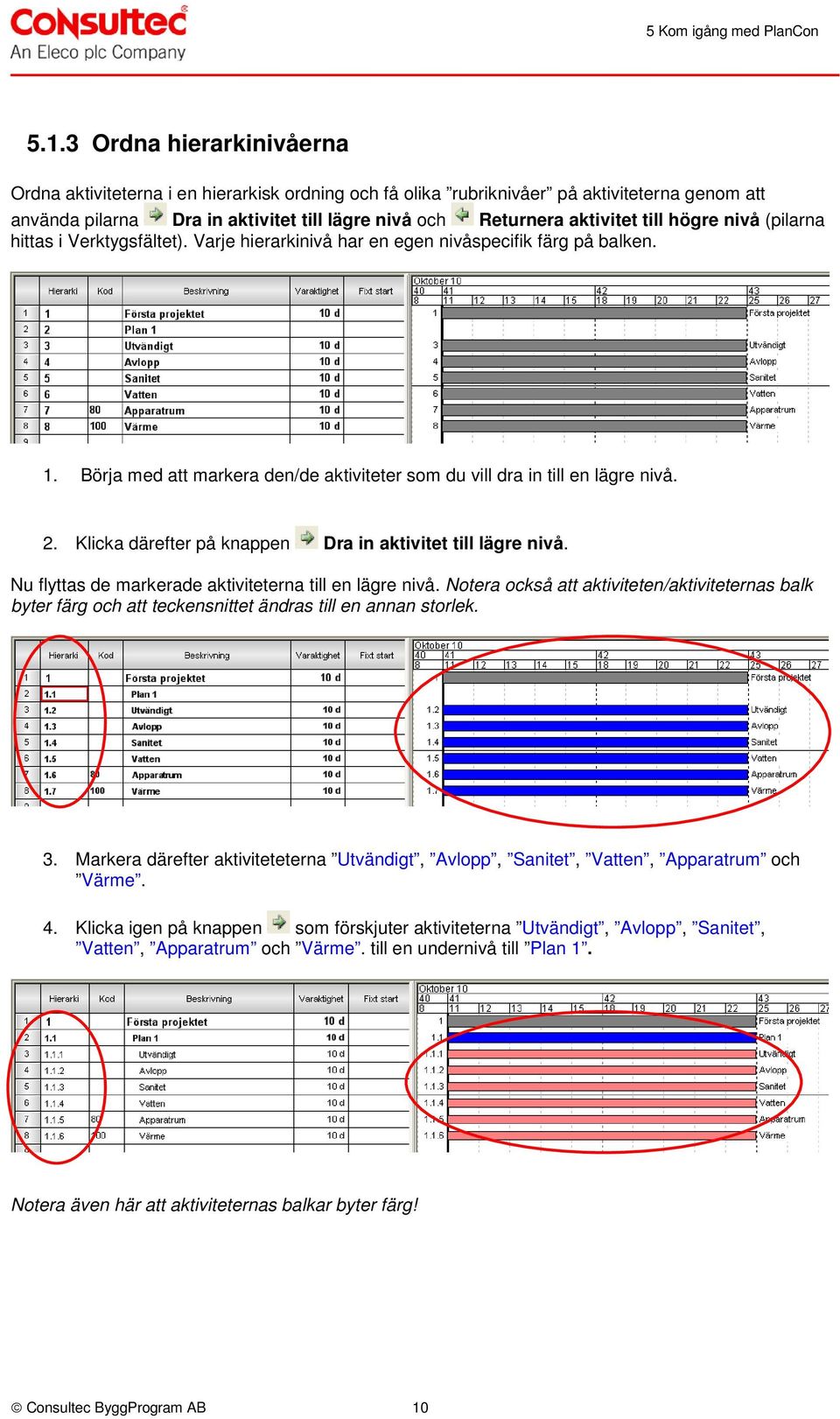 högre nivå (pilarna hittas i Verktygsfältet). Varje hierarkinivå har en egen nivåspecifik färg på balken. 1. Börja med att markera den/de aktiviteter som du vill dra in till en lägre nivå. 2.