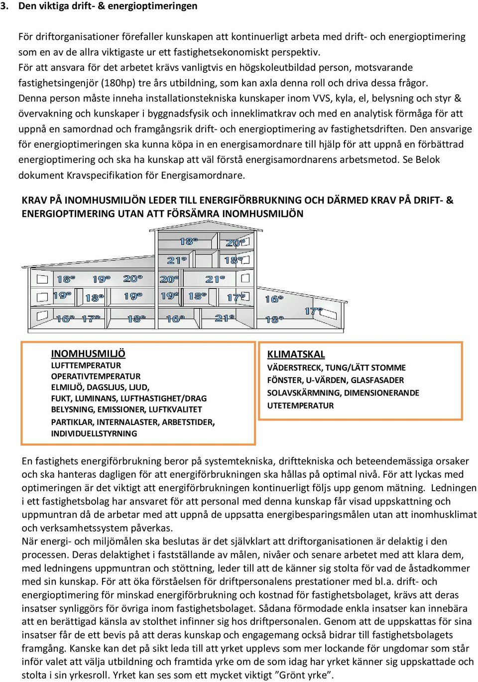 För att ansvara för det arbetet krävs vanligtvis en högskoleutbildad person, motsvarande fastighetsingenjör (180hp) tre års utbildning, som kan ala denna roll och driva dessa frågor.