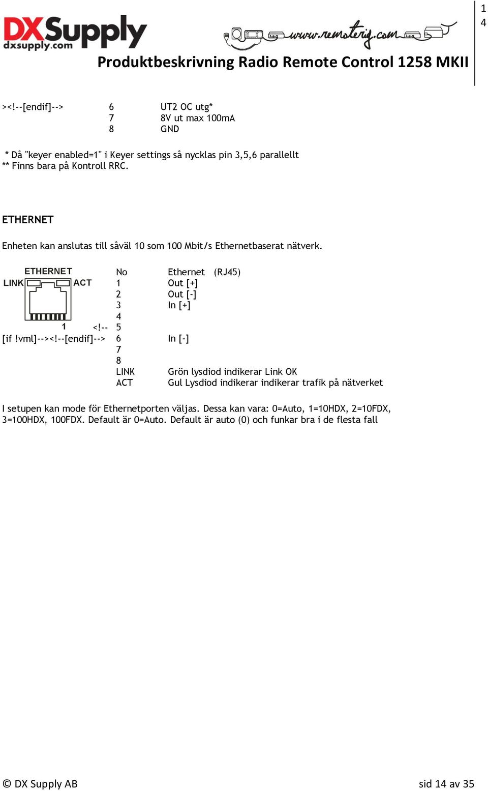 --[endif]--> No Ethernet (RJ45) 1 Out [+] 2 Out [-] 3 In [+] 4 5 6 In [-] 7 8 LINK Grön lysdiod indikerar Link OK ACT Gul Lysdiod indikerar indikerar trafik på