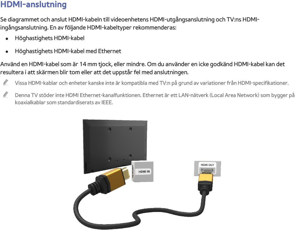 Om du använder en icke godkänd HDMI-kabel kan det resultera i att skärmen blir tom eller att det uppstår fel med anslutningen.