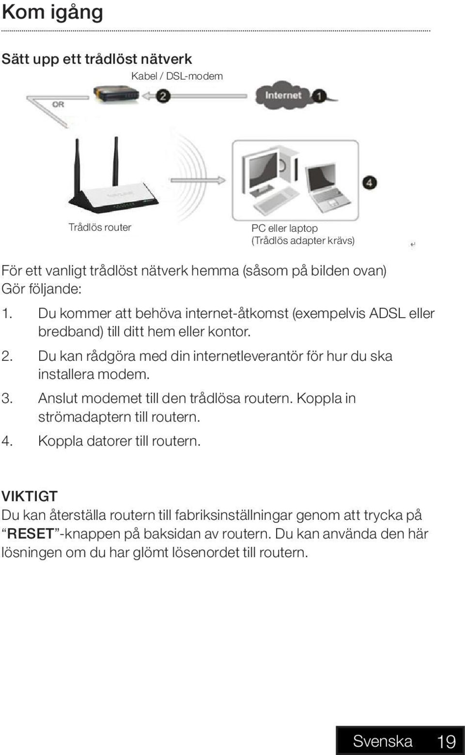 Du kan rådgöra med din internetleverantör för hur du ska installera modem. 3. Anslut modemet till den trådlösa routern. Koppla in strömadaptern till routern. 4.